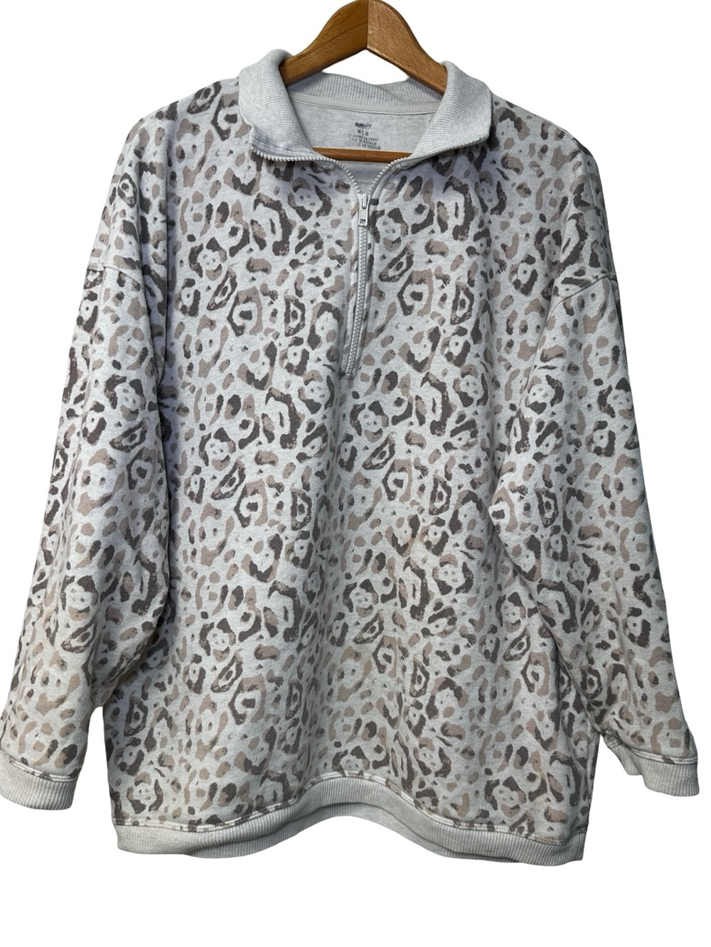 Aerie White Brown Leopard Print Oversized Pullover Quarter Zip Medium Travel